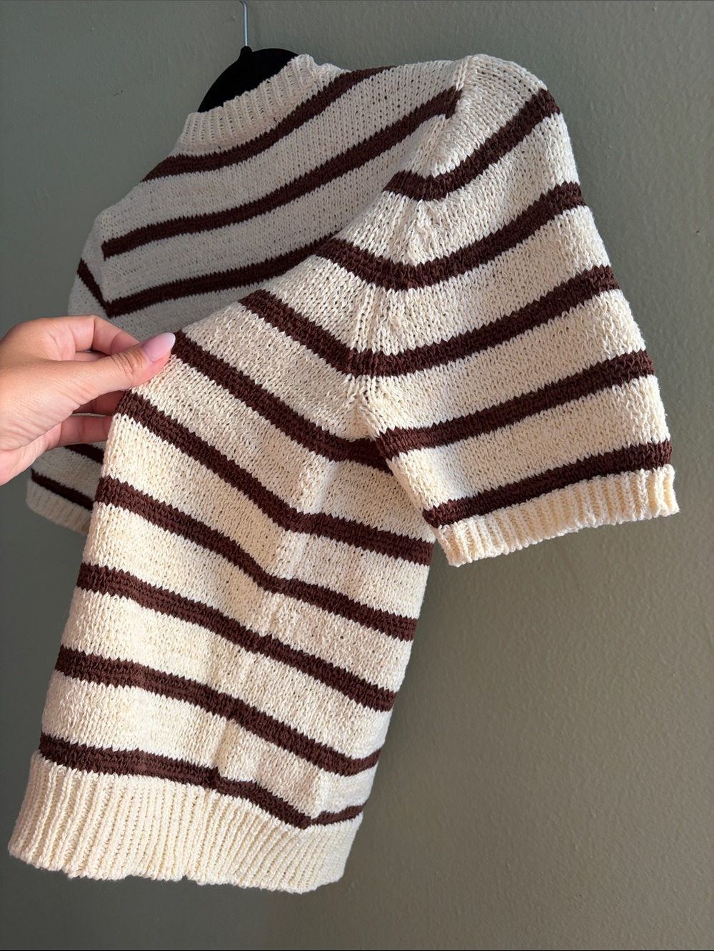 En Saison Cream and Brown Striped Short Sleeve Crew Sweater - Picture 8 of 9